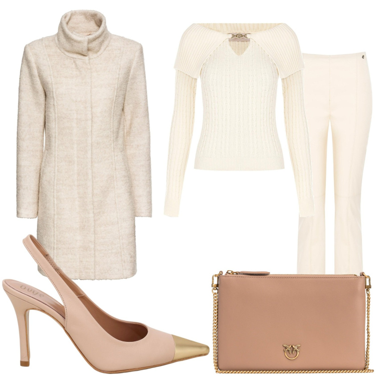Outfit donna - Panna e nocciola. Stile Glamour per Tutti i giorni. Abbinamento con cappotti, borse a tracolla, pantaloni, maglieria, décolleté.