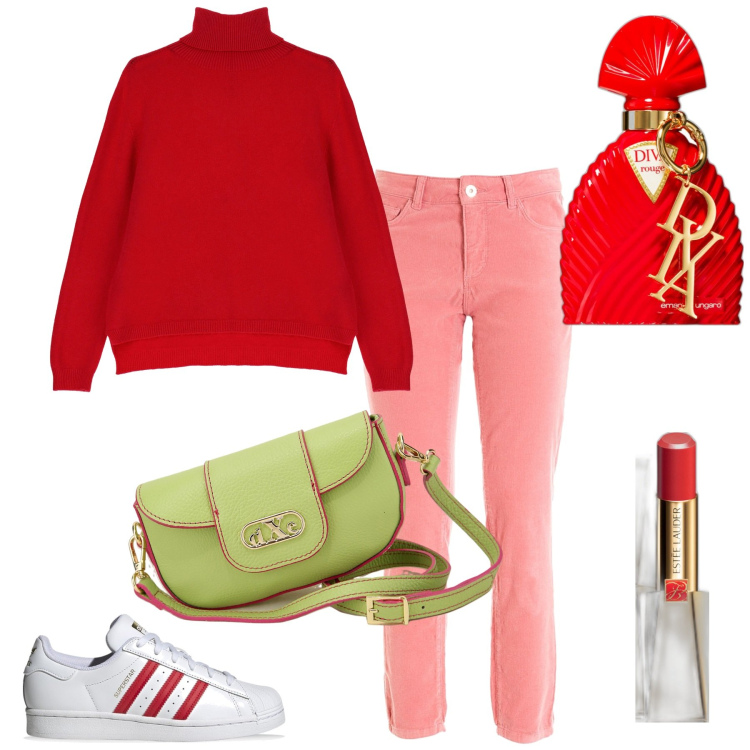 Outfit donna - La borsa divertente. Stile Casual per Tutti i giorni. Abbinamento con profumi, rossetti, maglieria, jeans, pochette, sneakers.
