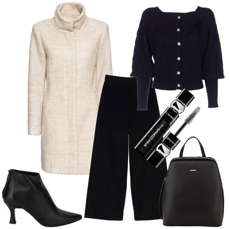 Outfit donna - Chiaro scuro. Stile Casual chic per Tutti i giorni. Abbinamento con cappotti, mascara, cardigans, zaini, stivaletti, pantaloni a palazzo.