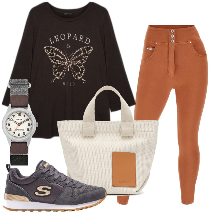 Outfit donna - Total look #1770829. Stile Casual per Tutti i giorni. Abbinamento con sneakers, pantaloni skinny, orologi, t-shirt, borse a mano.