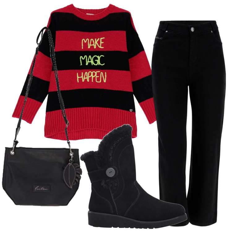 Outfit donna - Total look #1770835. Stile Casual per Tutti i giorni. Abbinamento con stivali, maglieria, jeans dritti, ciondoli.