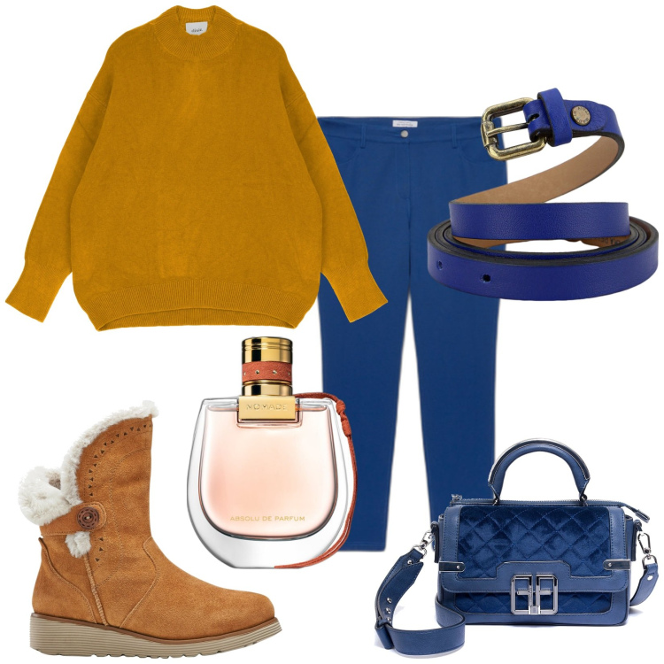 Outfit donna - Total look #1770846. Stile Trendy per Tutti i giorni. Abbinamento con stivali, profumi, borse a spalla, cinture, pullovers, pantaloni skinny.