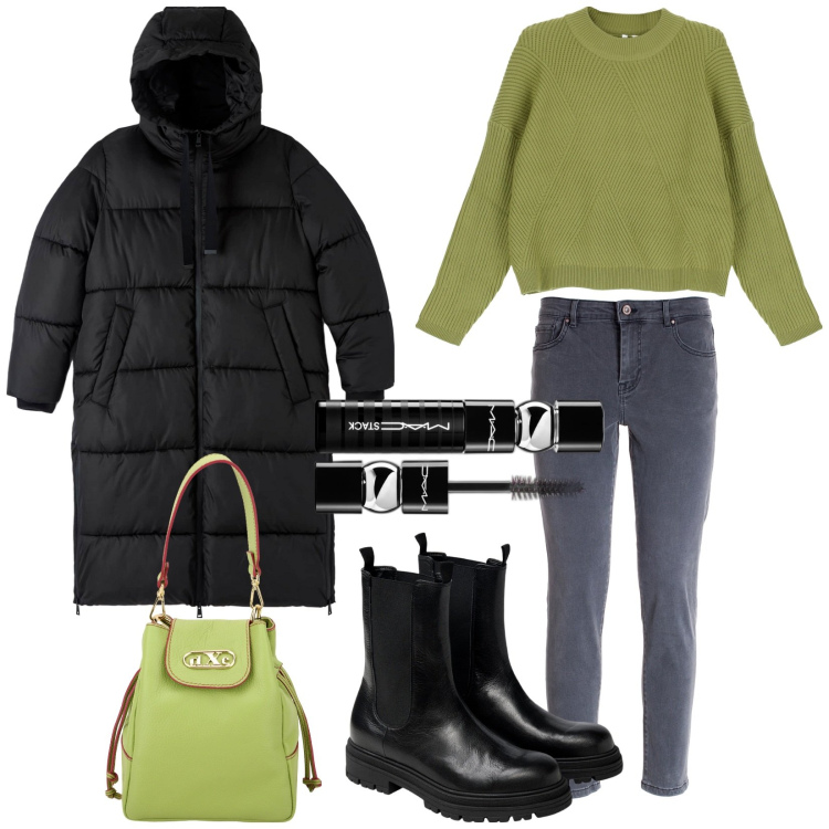 Outfit donna - Total look #1770847. Stile Urban per Tutti i giorni. Abbinamento con mascara, piumini, jeans skinny, pullovers, borse a secchiello, stivaletti chelsea.