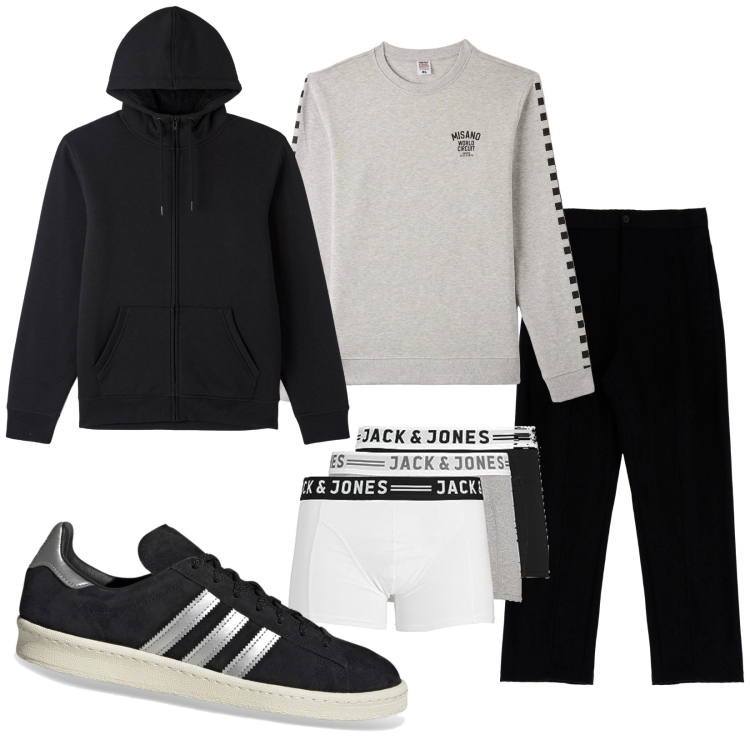 Outfit uomo - Total look #1770849. Stile Casual per Tutti i giorni. Abbinamento con felpe, felpe con cappuccio, pantaloni, boxer, sneakers.