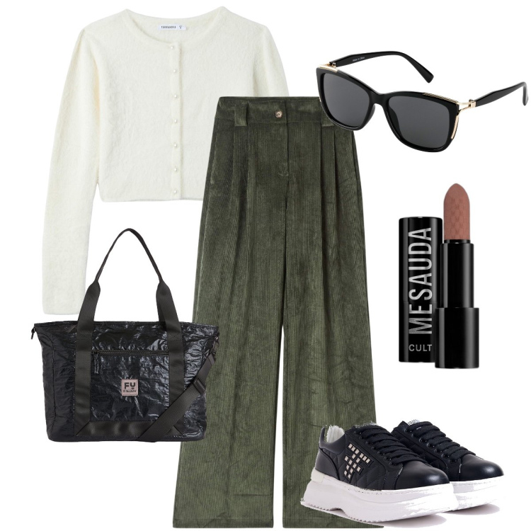 Outfit donna - I pantaloni in velluto. Stile Basic per Tutti i giorni. Abbinamento con occhiali da sole, rossetti, pantaloni, cardigans, sneakers, borse tote.