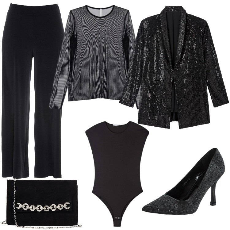 Outfit donna - capodanno in nero lurex. Stile Chic per Serata fuori. Abbinamento con pantaloni culotte, body, camicie, décolleté, pochette, maglieria.