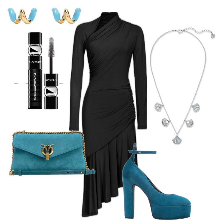 Outfit donna - Azzurro petrolio. Stile Chic per Serata fuori. Abbinamento con mascara, vestiti midi/longuette, borse a spalla, décolleté, collane, orecchini.