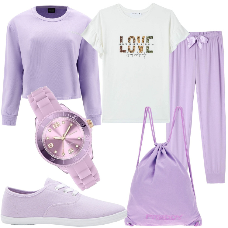 Outfit donna - Sportiva in lilla. Stile Casual chic per Tutti i giorni. Abbinamento con sneakers, pantaloni, t-shirt, felpe, zaini, orologi analogici.