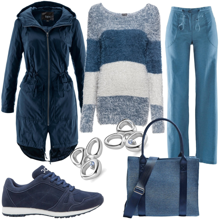 Outfit donna - Sportiva e comoda per la città. Stile Urban per Tutti i giorni. Abbinamento con pantaloni a palazzo, cappotti, sneakers alte, maglieria, shopping bag, orecchini.