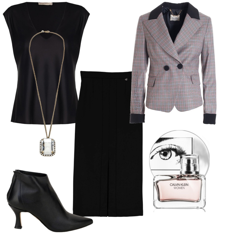 Outfit donna - Total look #1770881. Stile Chic per Cerimonia. Abbinamento con profumi, bluse, blazer, gonne longuette, stivaletti, collane.