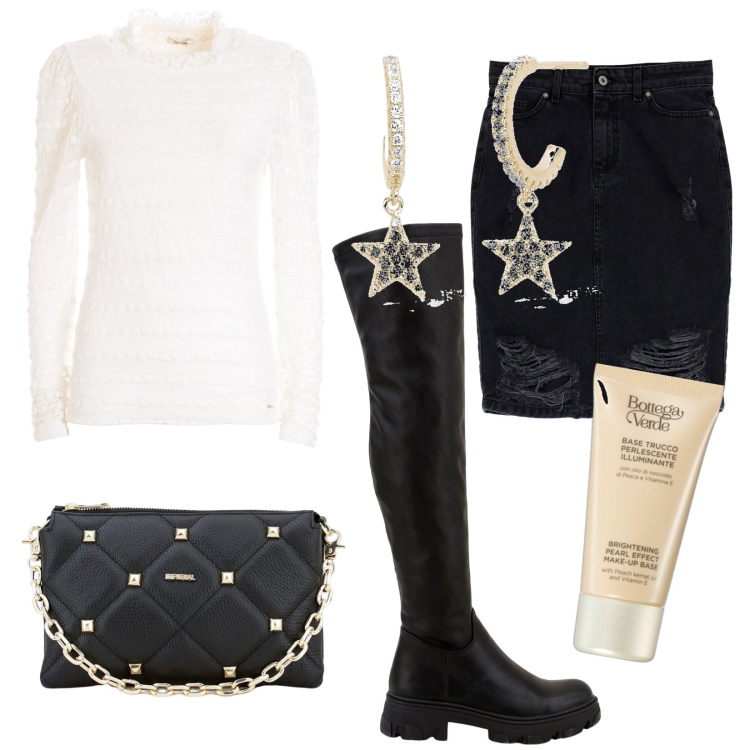 Outfit donna - La blusa in pizzo. Stile Glamour per Serata fuori. Abbinamento con primer, orecchini, bluse, pochette, stivali, minigonne.