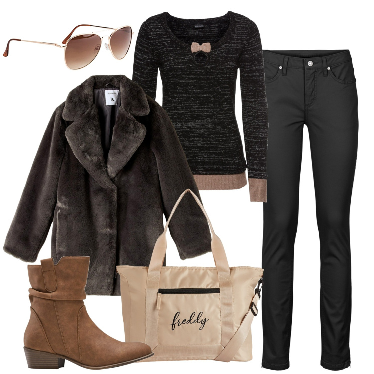 Outfit donna - Una fredda giornata di sole. Stile Urban per Tutti i giorni. Abbinamento con maglieria, jeans skinny, occhiali da sole, stivaletti texani, ecopellicce, borse tote.