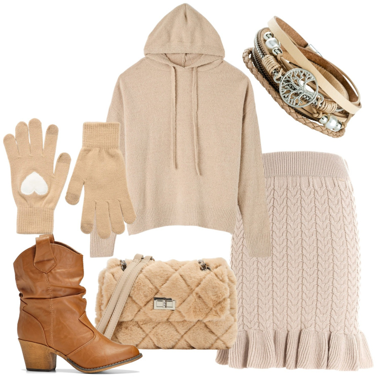Outfit donna - Beige col freddo. Stile Bon Ton per Tutti i giorni. Abbinamento con stivaletti texani, braccialetti, maglieria, guanti, borse a spalla, gonne longuette.