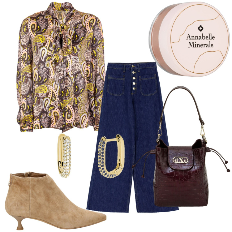 Outfit donna - La blusa. Stile Casual chic per Tutti i giorni. Abbinamento con blush, orecchini, bluse, borse a secchiello, stivaletti, jeans.