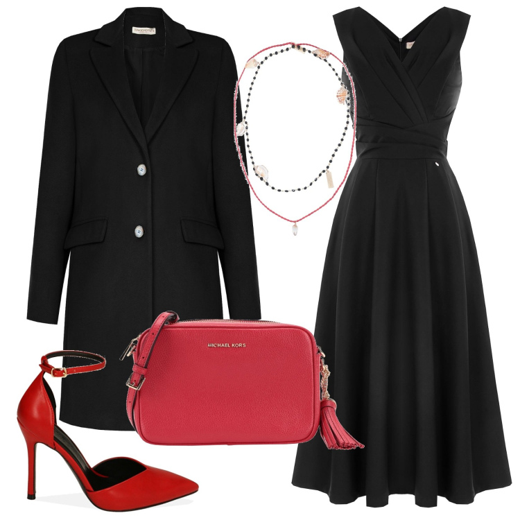 Outfit donna - Scarpe rosse. Stile Sexy per Serata fuori. Abbinamento con collane, borse a tracolla, vestiti midi/longuette, cappotti, décolleté.