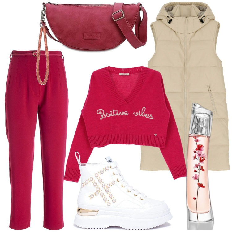 Outfit donna - Colori accesi. Stile Casual per Tutti i giorni. Abbinamento con profumi, maglieria, piumini, pantaloni, sneakers, ciondoli.