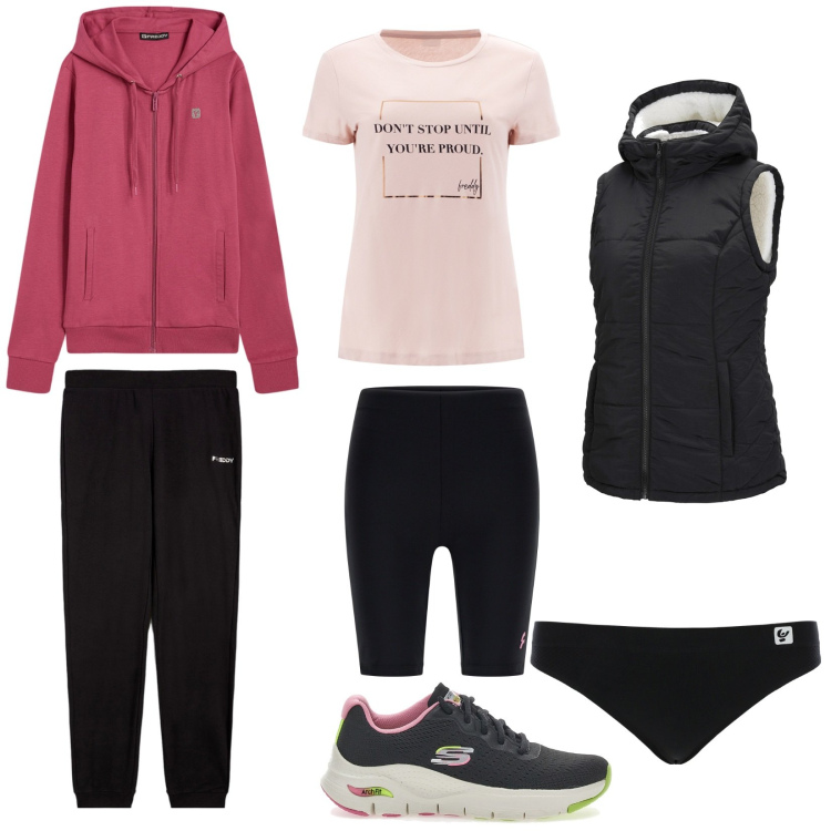 Outfit donna - Una mattina in palestra. Stile Sporty chic per Sport. Abbinamento con gilet, slip, tute sportive, t-shirt, cinture, sneakers.
