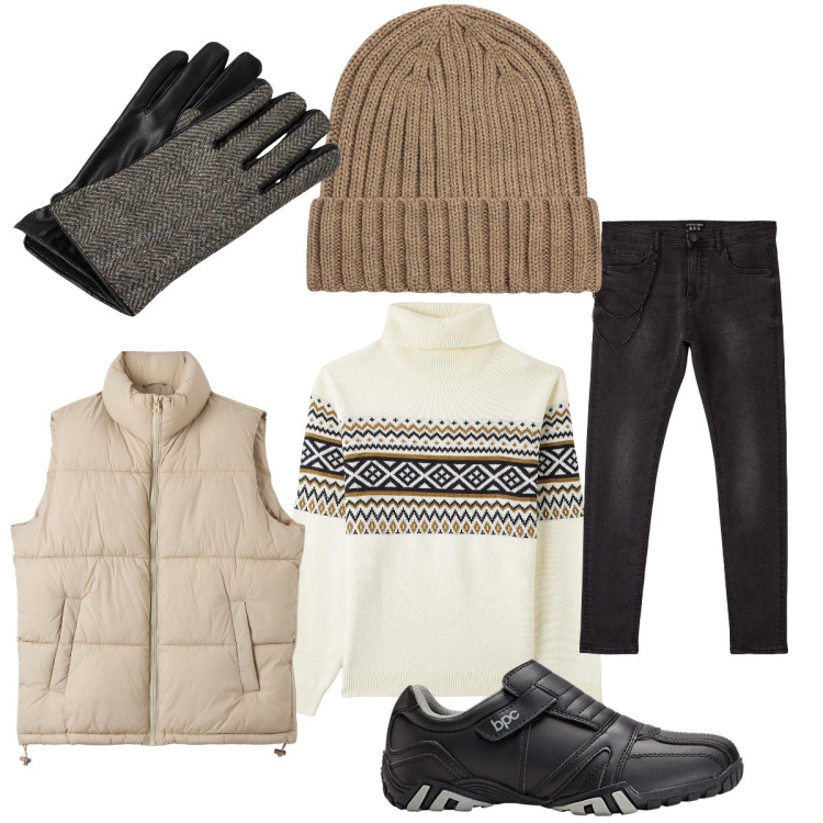 Outfit uomo - Total look #1770963. Stile Casual per Tutti i giorni. Abbinamento con scarpe stringate, jeans skinny, maglieria, piumini, guanti, berretti.