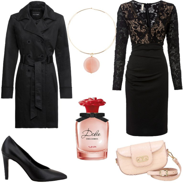 Outfit donna - Invito a pranzo - curvy. Stile Chic per Tutti i giorni. Abbinamento con vestiti, trench, profumi, décolleté, pochette, collane.