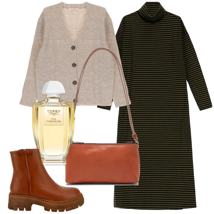 Outfit donna - Maxi abito a righe. Stile Bon Ton per Ufficio. Abbinamento con profumi, cardigans, stivaletti, vestiti lunghi, borse a spalla.