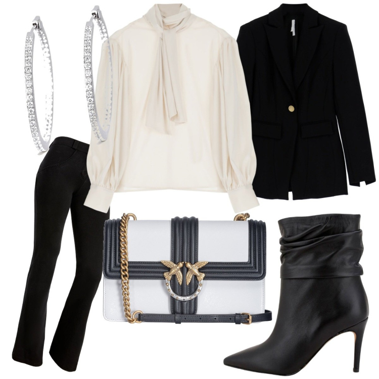 Outfit donna - Total look #1770991. Stile Chic per Serata fuori. Abbinamento con orecchini, borse a tracolla, jeggings, cappotti, camicie, stivaletti.