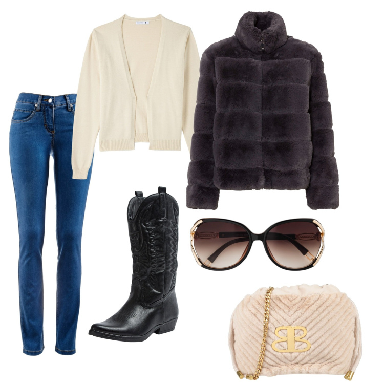 Outfit donna - In giro per la città. Stile Casual per Tutti i giorni. Abbinamento con jeans dritti, occhiali da sole, ecopellicce, borse a tracolla, stivaletti texani, cardigans.