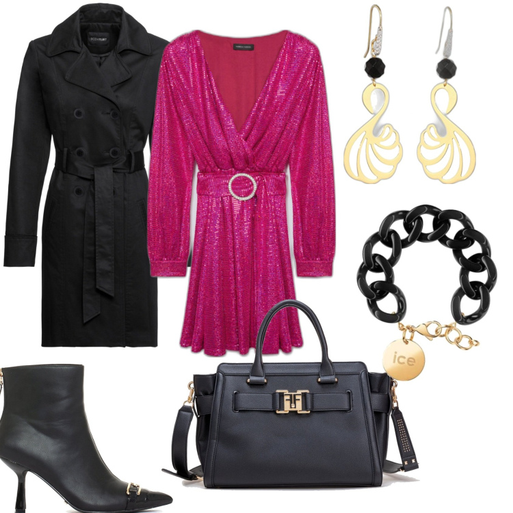 Outfit donna - Serata paiettes scintillanti. Stile Trendy per Serata fuori. Abbinamento con trench, borse tote, stivaletti, vestiti corti, braccialetti, orecchini.