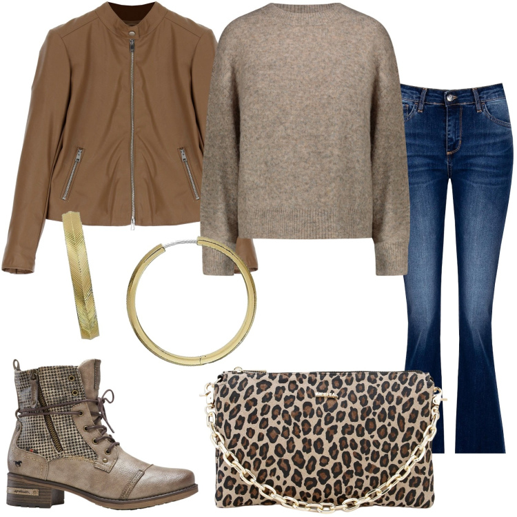 Outfit donna - Jeans e maglione in libertà. Stile Trendy per Tutti i giorni. Abbinamento con stivaletti, pochette, cappotti, jeans a zampa, maglieria, orecchini.