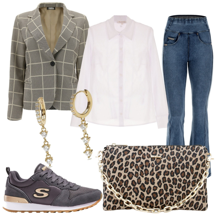 Outfit donna - In jeans giacca e ... Stile Trendy per Tutti i giorni. Abbinamento con sneakers, orecchini, camicie, pochette, jeans a zampa, blazer.