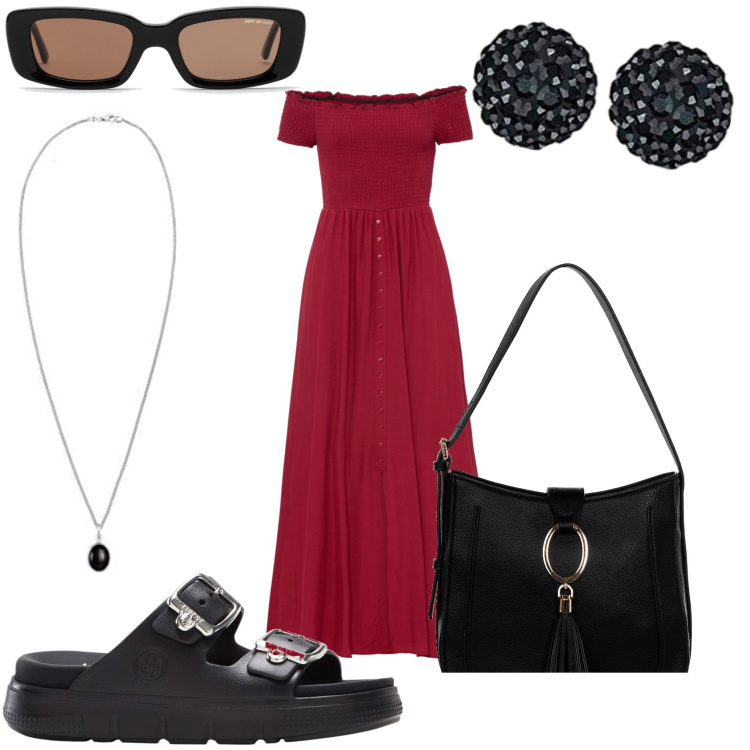 Outfit donna - In lungo rosso di mattina. Stile Glamour per Tutti i giorni. Abbinamento con ciabatte, vestiti, borse a spalla, orecchini, ciondoli, occhiali da sole.