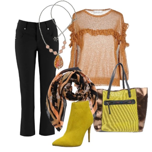 Outfit donna - With yellow. Stile Trendy per Ufficio. Abbinamento con pantaloni, pullover lavorato a maglia collo tondo a maniche 3/4 tinta unita, shopping bag maxi, stola fantasia floreale in viscosa, stivaletti giallo, collana con perline in con murano rosa e argento e oro.