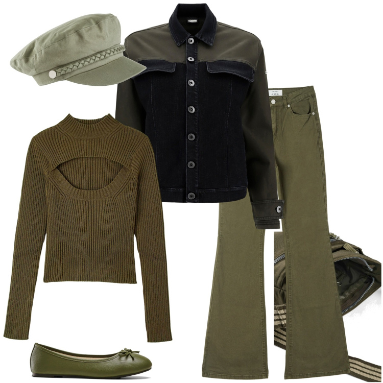 Outfit donna - Todo green. Stile Casual per Tutti i giorni. Abbinamento con cappelli, ballerine, borse a tracolla, maglieria, pantaloni, cappotti.