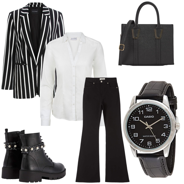 Outfit donna - Black&white. Stile Chic per Ufficio. Abbinamento con blazer, camicie, pantaloni, anfibi, shopping bag, orologi.