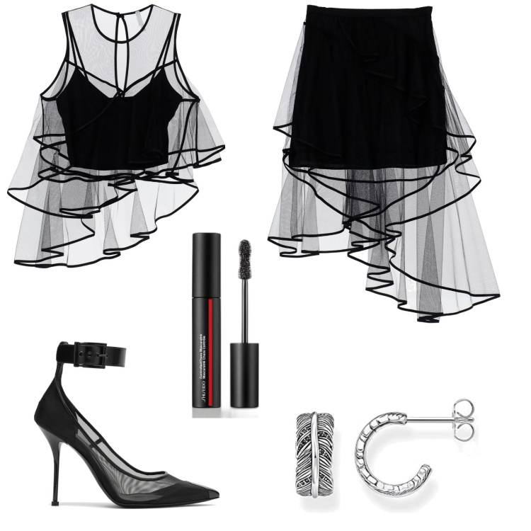 Outfit donna - Nero &Tulle. Stile Sexy per Serata fuori. Abbinamento con mascara, gonne longuette, top, orecchini, décolleté.
