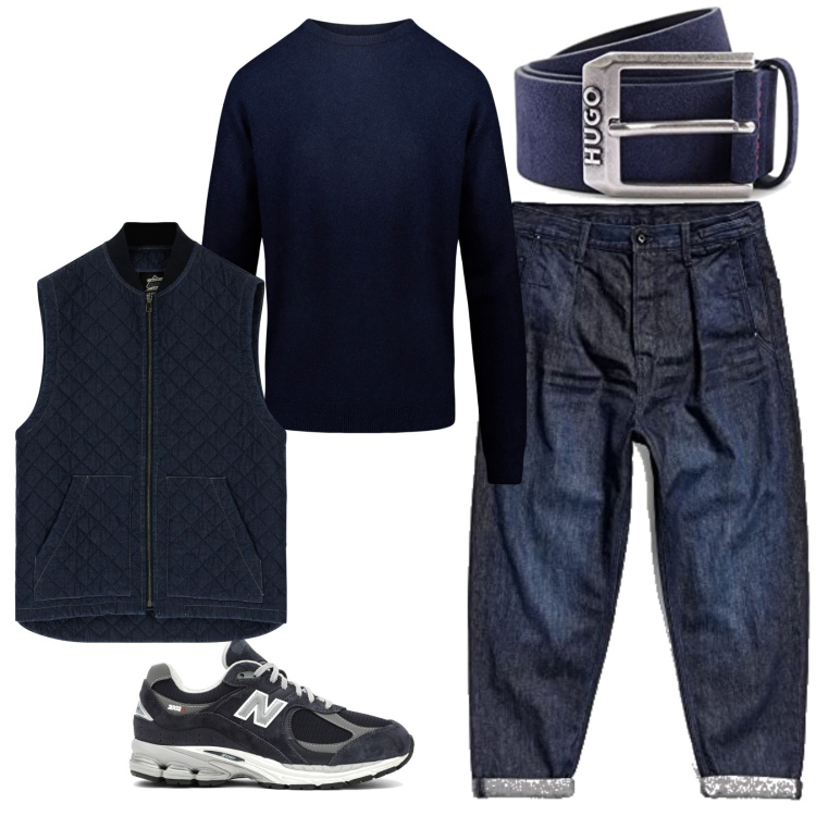 Outfit uomo - Il gilet sul look informale. Stile Trendy per Tutti i giorni. Abbinamento con pantaloni, gilet, maglieria, sneakers, portamonete, cinture.