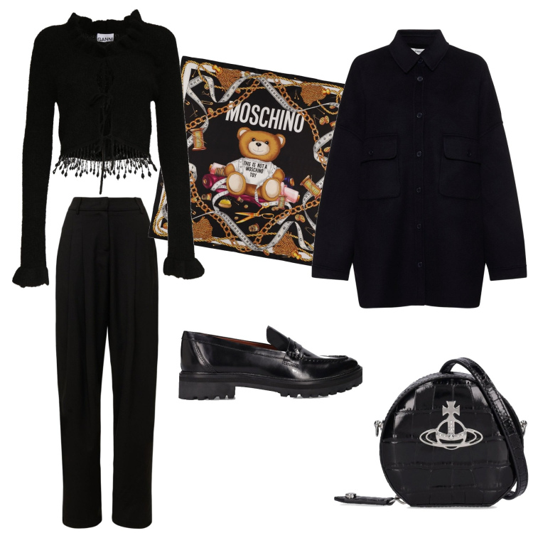 Outfit donna - Il foulard spiritoso. Stile Casual chic per Tutti i giorni. Abbinamento con maglieria, mocassini, pantaloni, foulard, cappotti, borse a spalla.