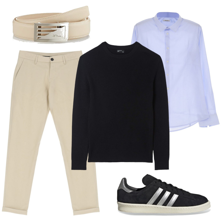 Outfit uomo - Elegante con le Adidas. Stile Trendy per Ufficio. Abbinamento con maglieria, camicie, pantaloni, cinture, sneakers.
