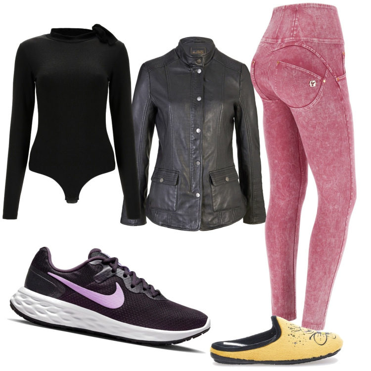Outfit donna - Total look #1771090. Stile Sporty chic per Sport. Abbinamento con blazer, jeans skinny, body, perizomi, pantofole.