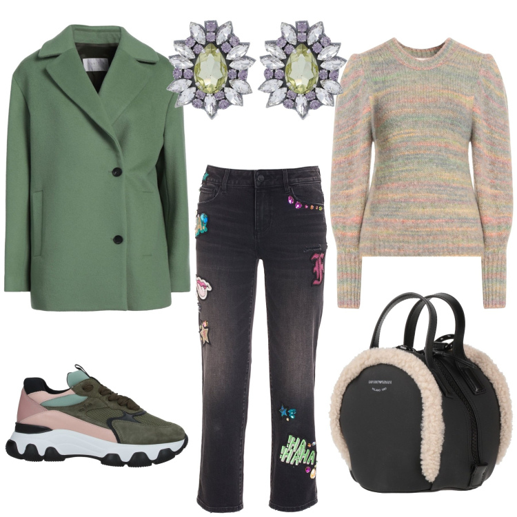 Outfit donna - Il cappotto verde. Stile Urban per Tutti i giorni. Abbinamento con zaini, cappotti, sneakers, pullovers, jeans, orecchini.