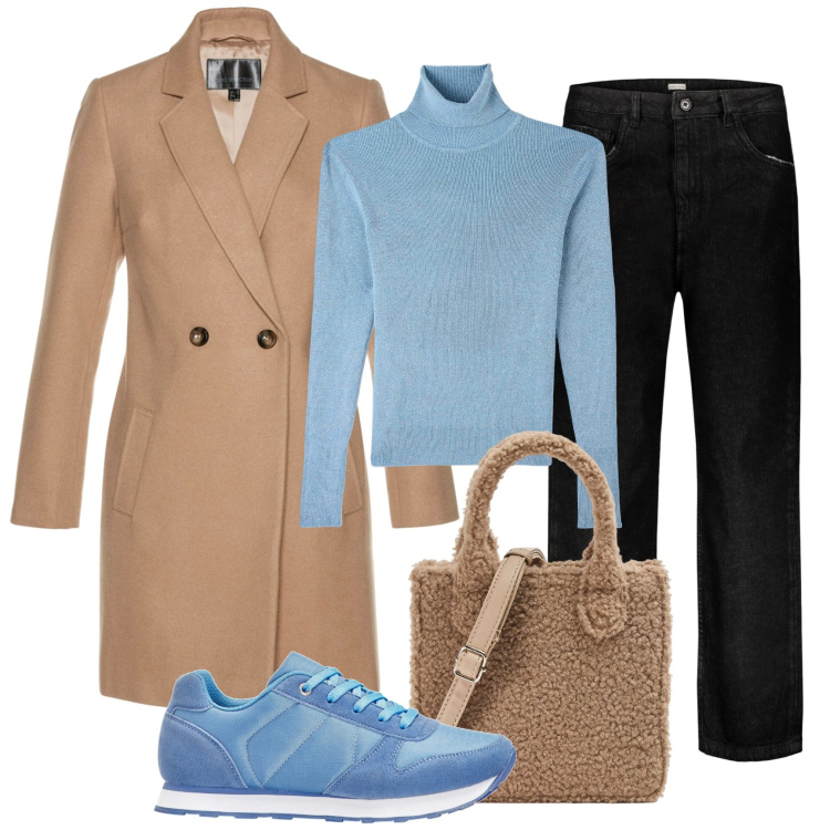 Outfit donna - Azzurro e cammello. Stile Urban per Tutti i giorni. Abbinamento con cappotti, sneakers, jeans, maglieria, shopping bag.