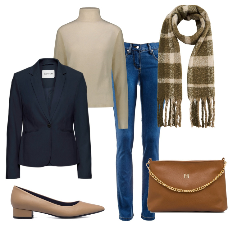 Outfit donna - Bon ton toni neutri. Stile Bon Ton per Ufficio. Abbinamento con jeans dritti, blazer, sciarpe, borse a tracolla, décolleté, pullovers.