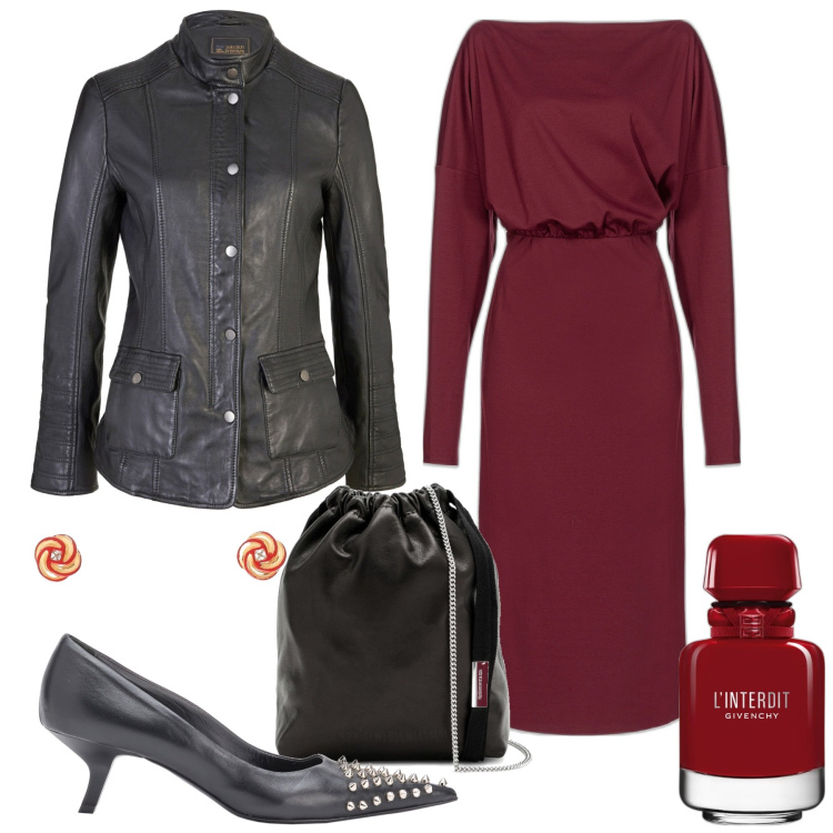 Outfit donna - Il vestito bordeaux. Stile Bon Ton per Serata fuori. Abbinamento con blazer, profumi, vestiti midi/longuette, décolleté, orecchini, borse a secchiello.