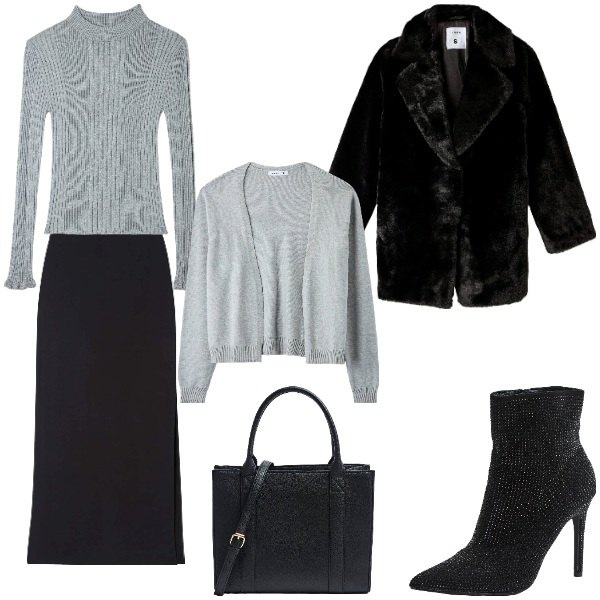 Outfit donna - Terranova Black Friday. Stile Bon Ton per Ufficio. Abbinamento con maglieria, cardigans, ecopellicce, shopping bag, stivaletti, gonne lunghe.