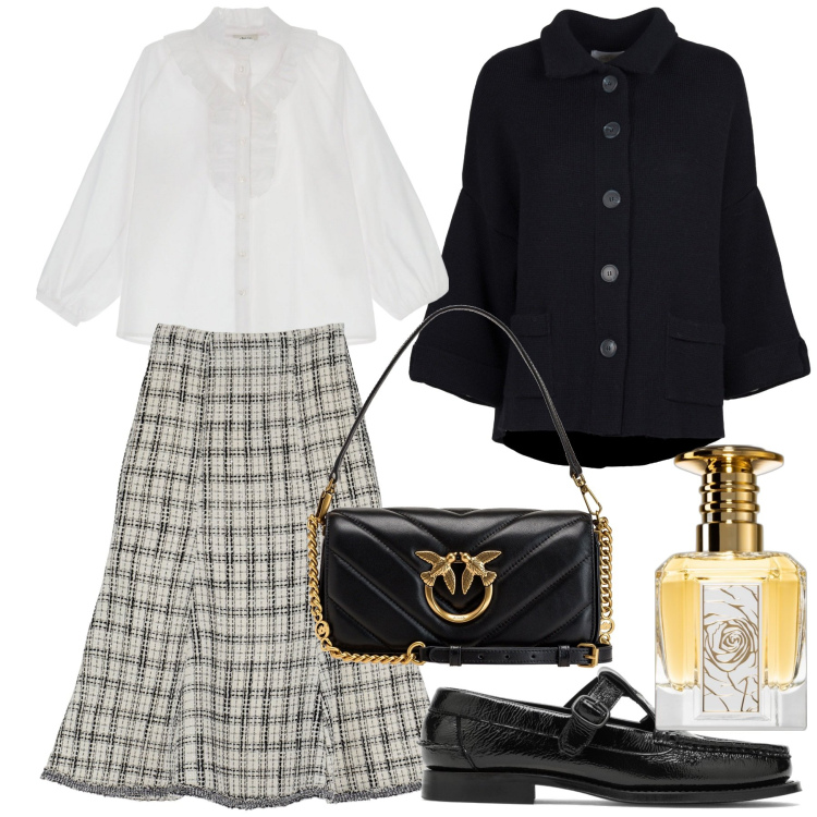 Outfit donna - Scarpa bassa e gonna lunga. Stile Preppy per Ufficio. Abbinamento con profumi, borse a tracolla, gonne longuette, camicie, mocassini, blazer.