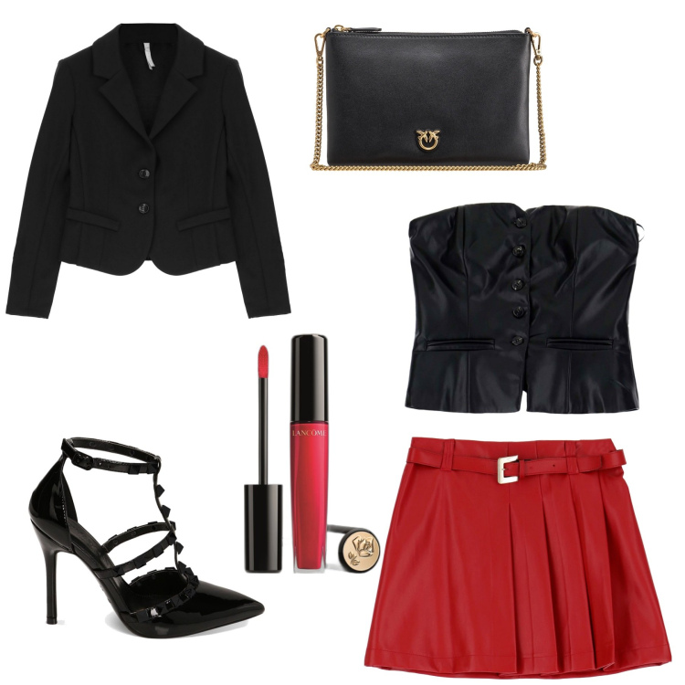 Outfit donna - Serata in discoteca. Stile Glamour per Serata fuori. Abbinamento con gloss, borse a tracolla, cappotti, minigonne, décolleté, top.