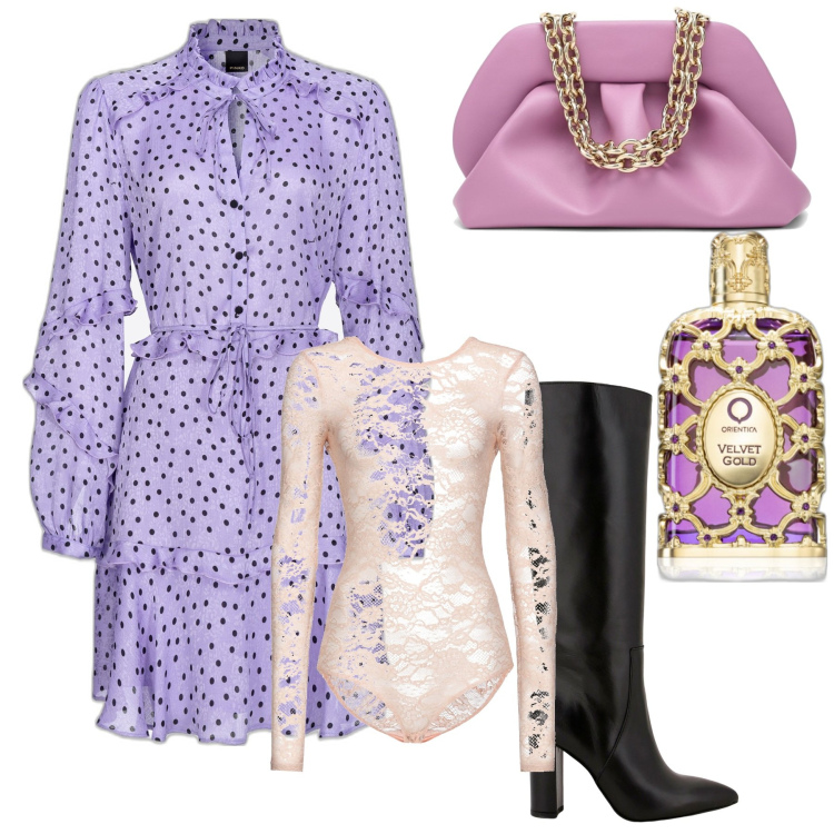 Outfit donna - Vestito corto lilla. Stile Chic per Tutti i giorni. Abbinamento con profumi, vestiti corti, body, stivali sopra il ginocchio, borse a mano.
