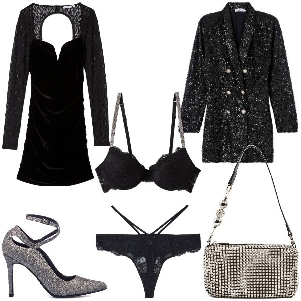 Outfit donna - La sera di Capodanno sexy. Stile Sexy per Serata fuori. Abbinamento con cappotti, vestiti, reggiseni a balconcino, culotte, décolleté, clutch.