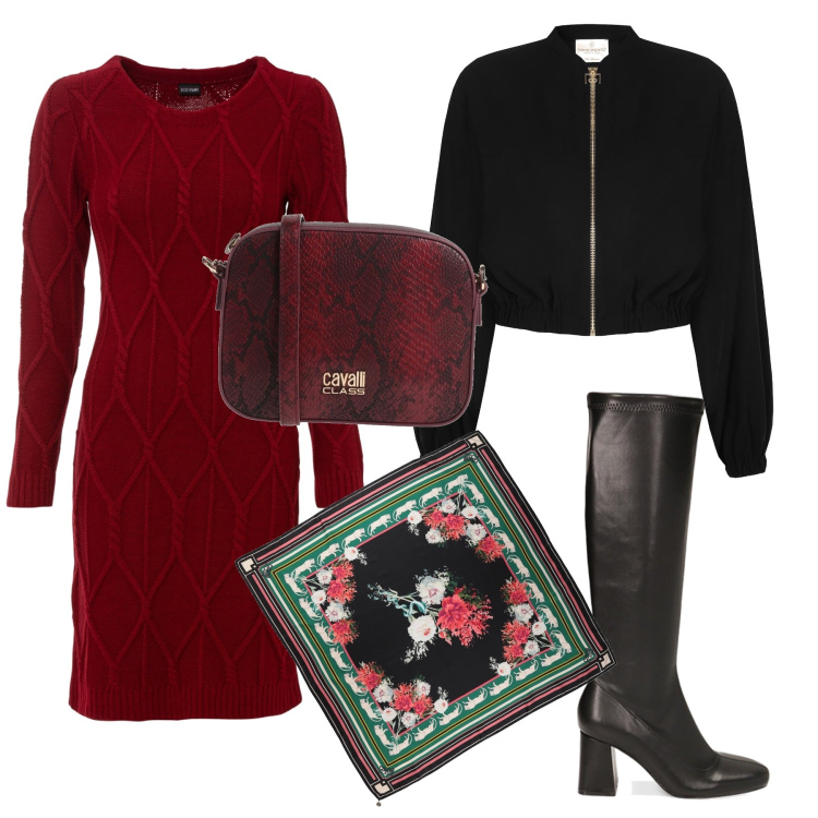 Outfit donna - Primadonna BLACK FRIDAY. Stile Chic per Ufficio. Abbinamento con vestiti, sciarpe, borse a tracolla, bomber, stivali sopra il ginocchio.