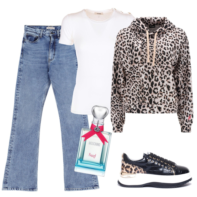 Outfit donna - Femminile con la felpa animalier. Stile Glamour per Scuola/Università. Abbinamento con profumi, sneakers, t-shirt, jeans dritti, felpe con cappuccio.