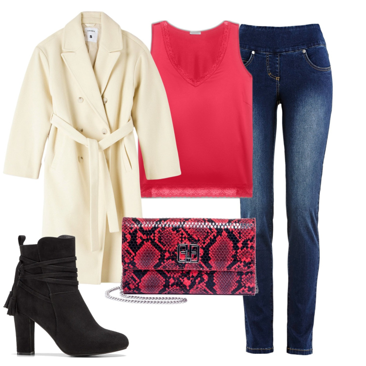 Outfit donna - Total look #1771184. Stile Casual chic per Tutti i giorni. Abbinamento con jeans slim fit, stivaletti, cappotti, pochette, top.